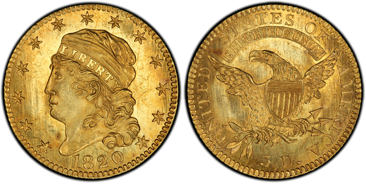 1820 Capped Head Left Half Eagle. BD-3.  Square-Base 2, Large Letters.  MS-65+ (PCGS).